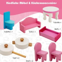 2-in-1-Kinderküchen-Spielset und Puppenhaus aus Holz mit realistischem Sound und Licht
