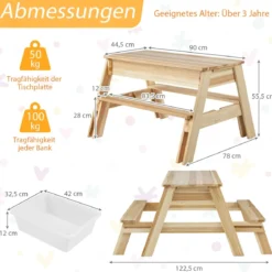4 in 1 Kinder Kindersitzgruppe mit Abnehmbarem Deckel & 2 Aufbewahrungsboxen Holz Spieltisch