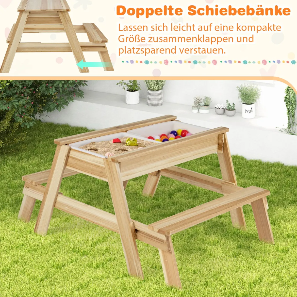 4 in 1 Kinder Kindersitzgruppe mit Abnehmbarem Deckel & 2 Aufbewahrungsboxen Holz Spieltisch
