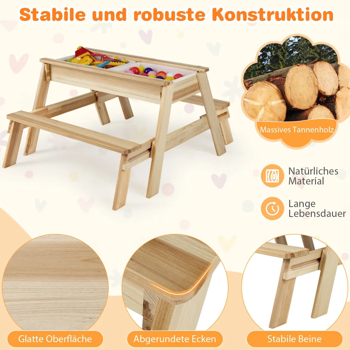 4 in 1 Kinder Kindersitzgruppe mit Abnehmbarem Deckel & 2 Aufbewahrungsboxen Holz Spieltisch