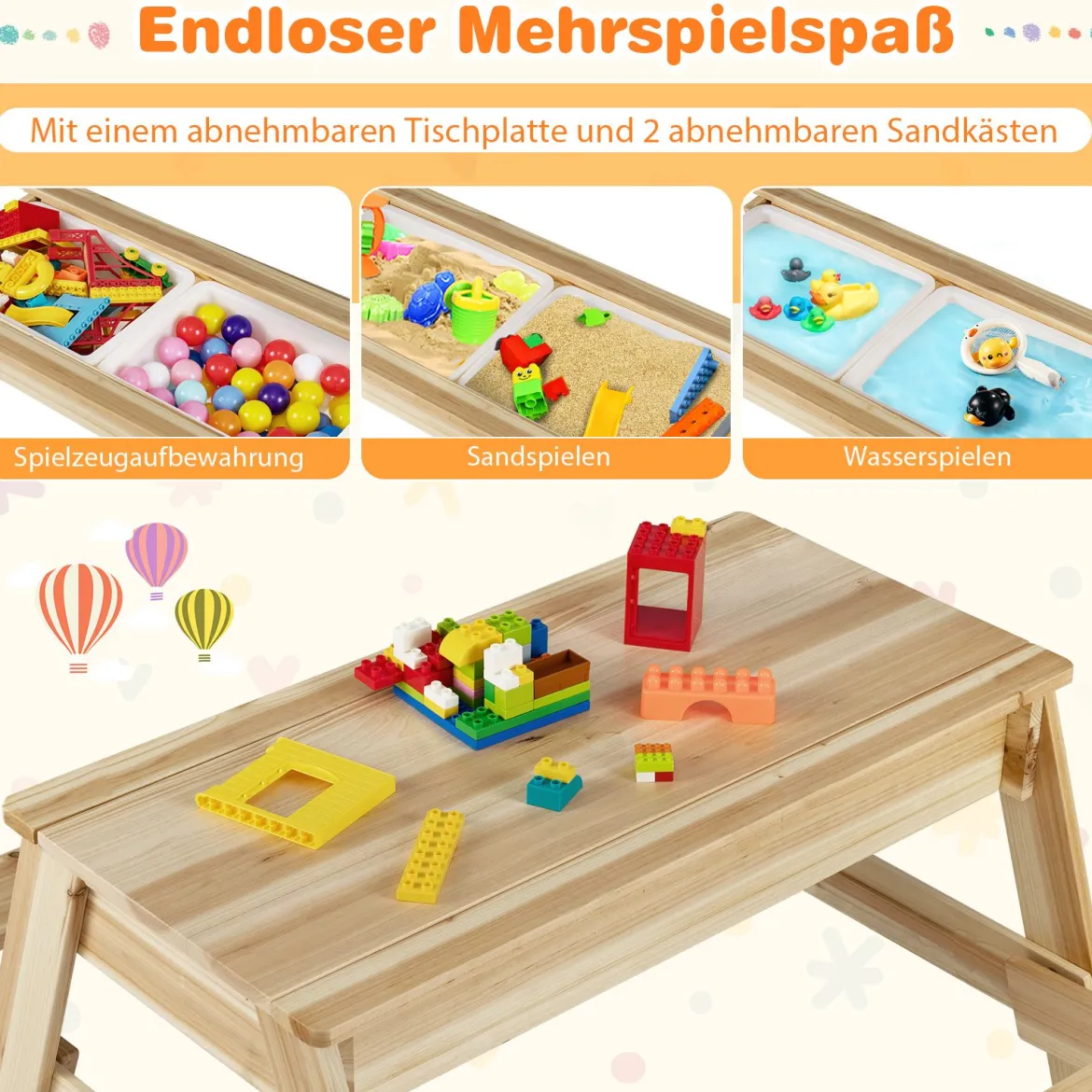 4 in 1 Kinder Kindersitzgruppe mit Abnehmbarem Deckel & 2 Aufbewahrungsboxen Holz Spieltisch