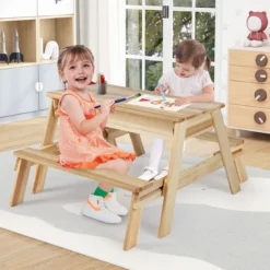 4 in 1 Kinder Kindersitzgruppe mit Abnehmbarem Deckel & 2 Aufbewahrungsboxen Holz Spieltisch