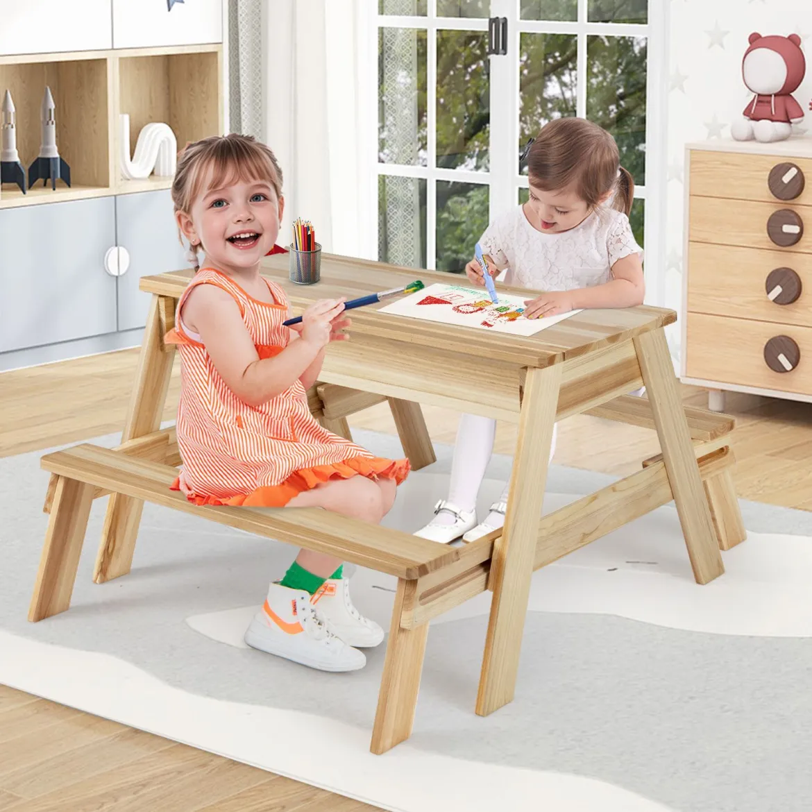 4 in 1 Kinder Kindersitzgruppe mit Abnehmbarem Deckel & 2 Aufbewahrungsboxen Holz Spieltisch