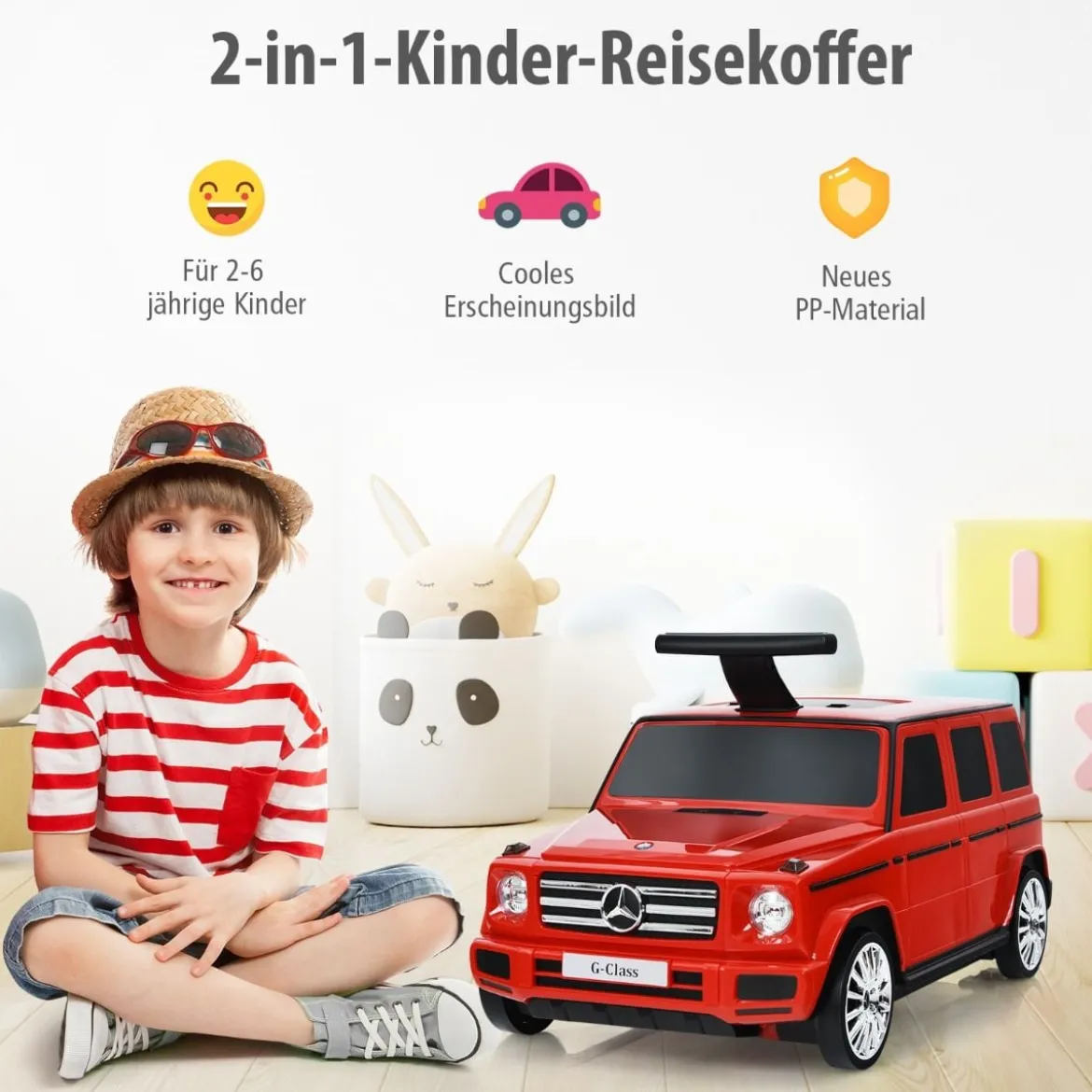 2 in 1 kinderkoffer Spielzeugauto mit klappbarem Griff 60 x 31 x 26 cm Rot