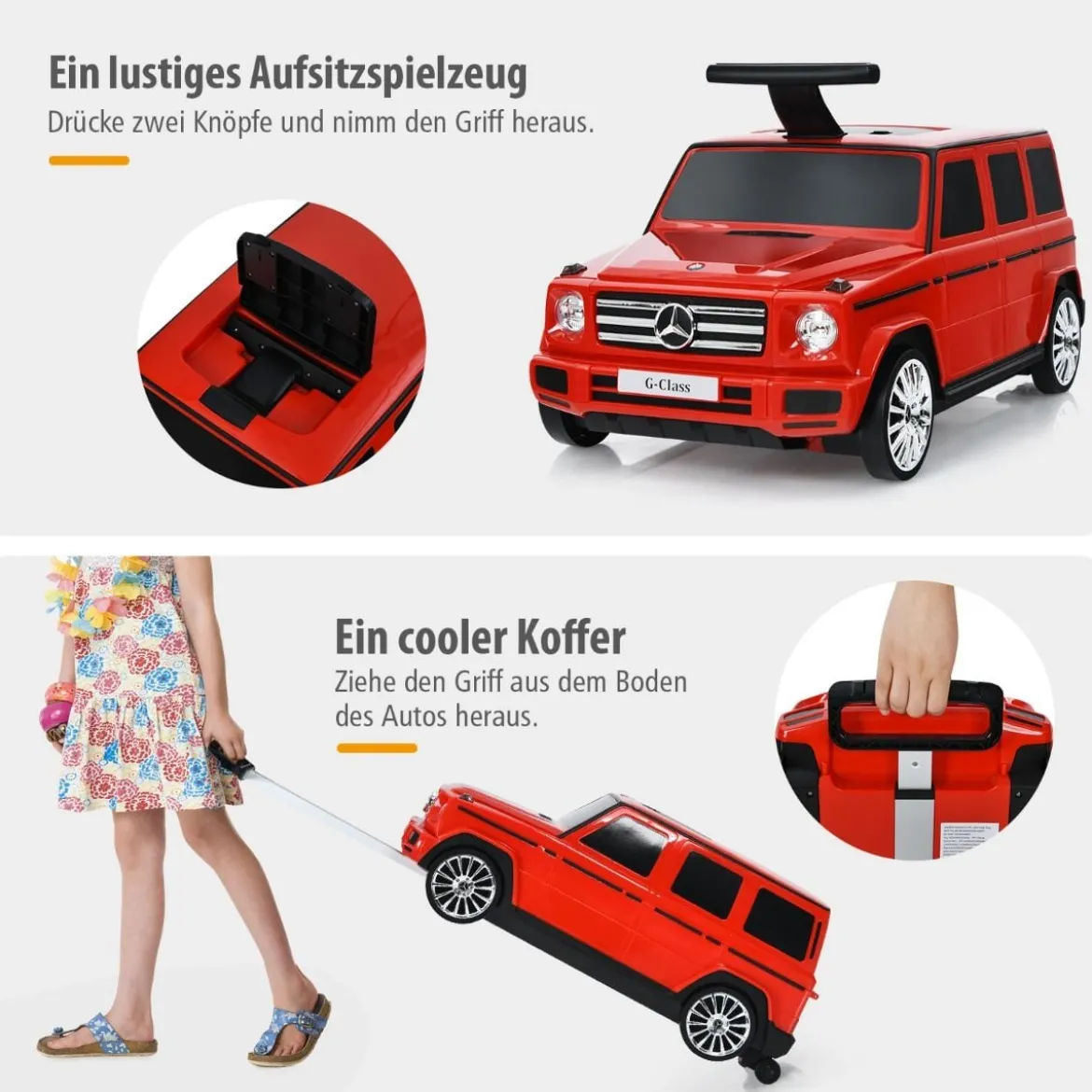 2 in 1 kinderkoffer Spielzeugauto mit klappbarem Griff 60 x 31 x 26 cm Rot