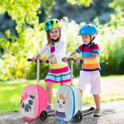 2 in 1 Kinderkoffer und Scooter mit LED Räder 26L Kindertrolley mit Bremse Hund