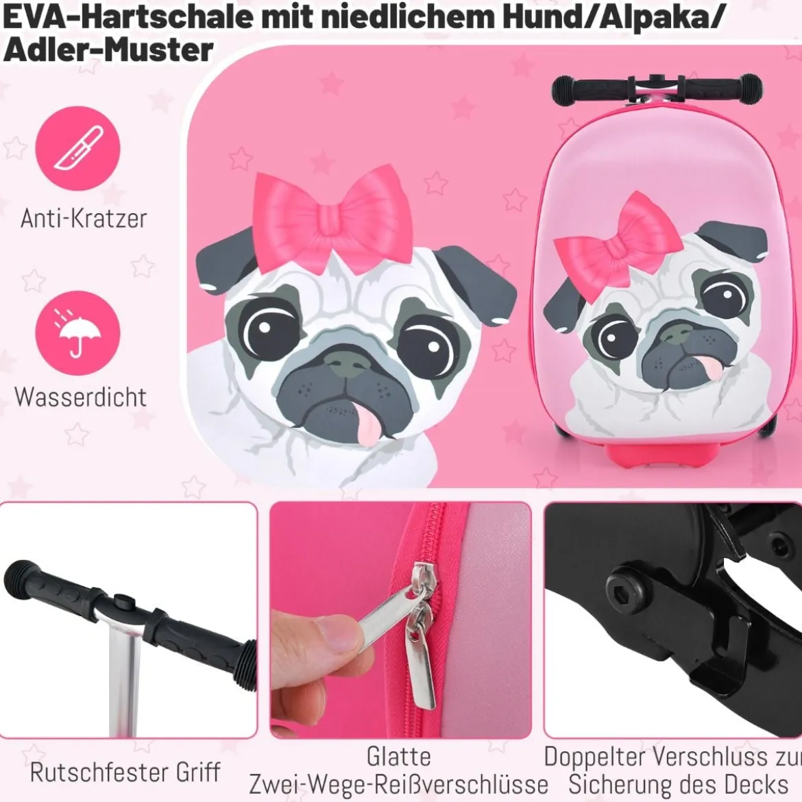 2 in 1 Kinderkoffer und Scooter mit LED Räder 26L Kindertrolley mit Bremse Hund