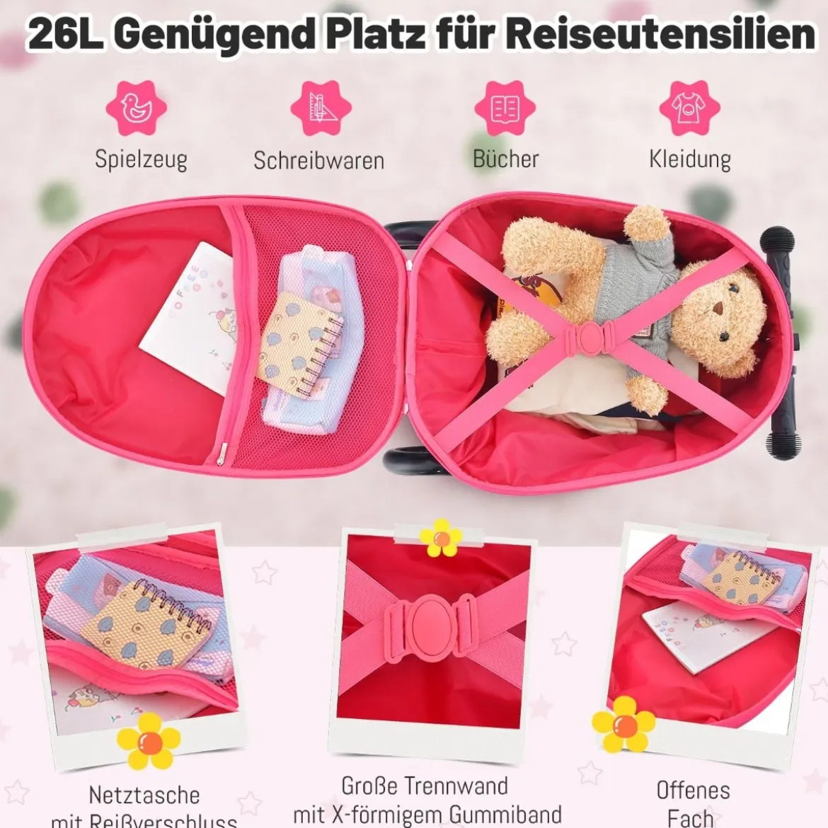 2 in 1 Kinderkoffer und Scooter mit LED Räder 26L Kindertrolley mit Bremse Hund