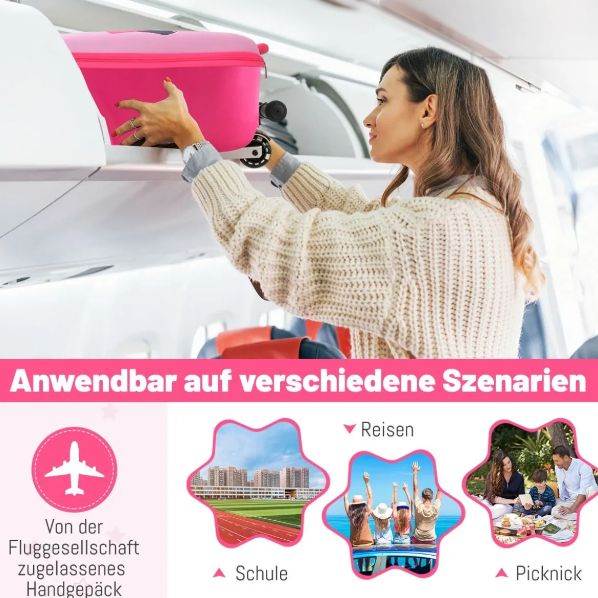 2 in 1 Kinderkoffer und Scooter mit LED Räder 26L Kindertrolley mit Bremse Hund