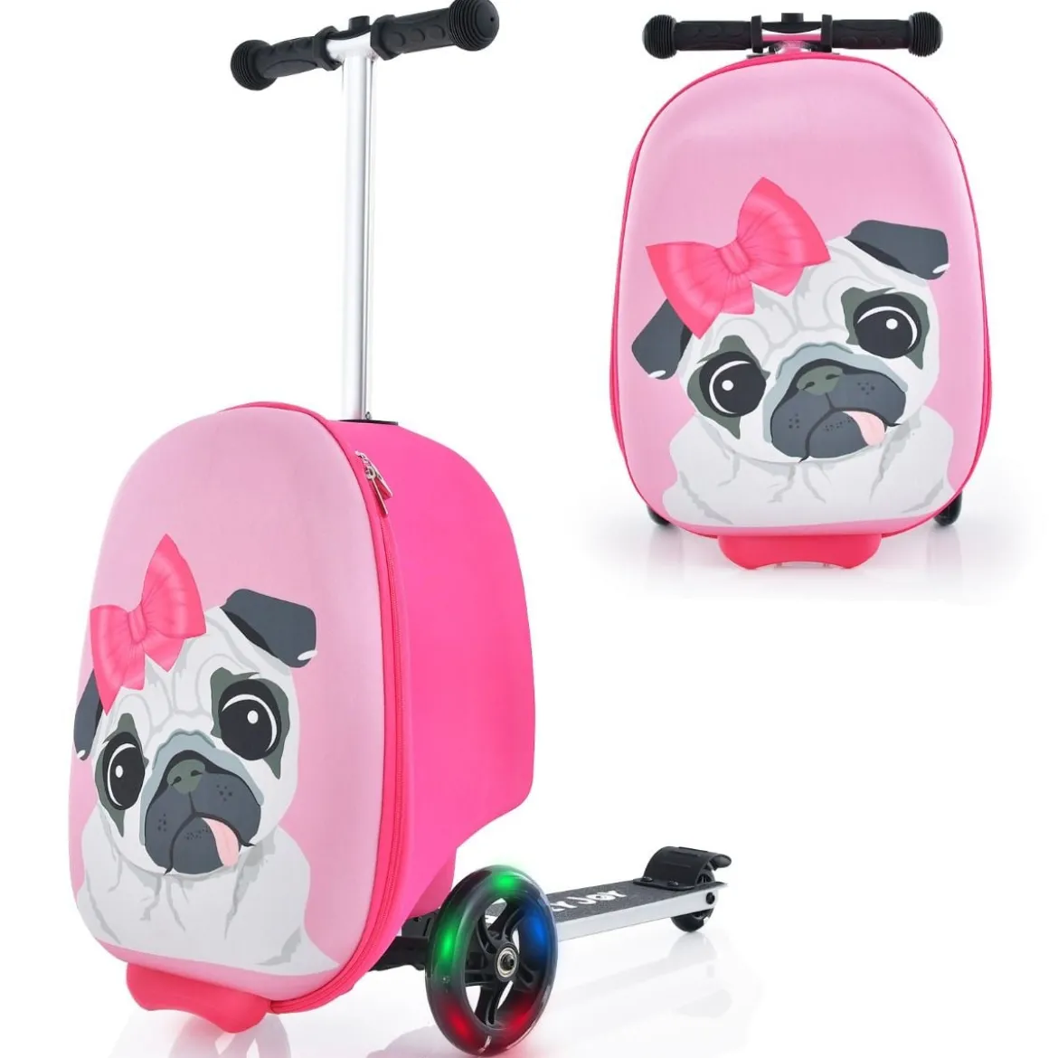 2 in 1 Kinderkoffer und Scooter mit LED Räder 26L Kindertrolley mit Bremse Hund