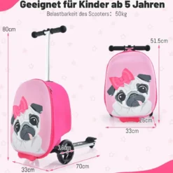 2 in 1 Kinderkoffer und Scooter mit LED Räder 26L Kindertrolley mit Bremse Hund