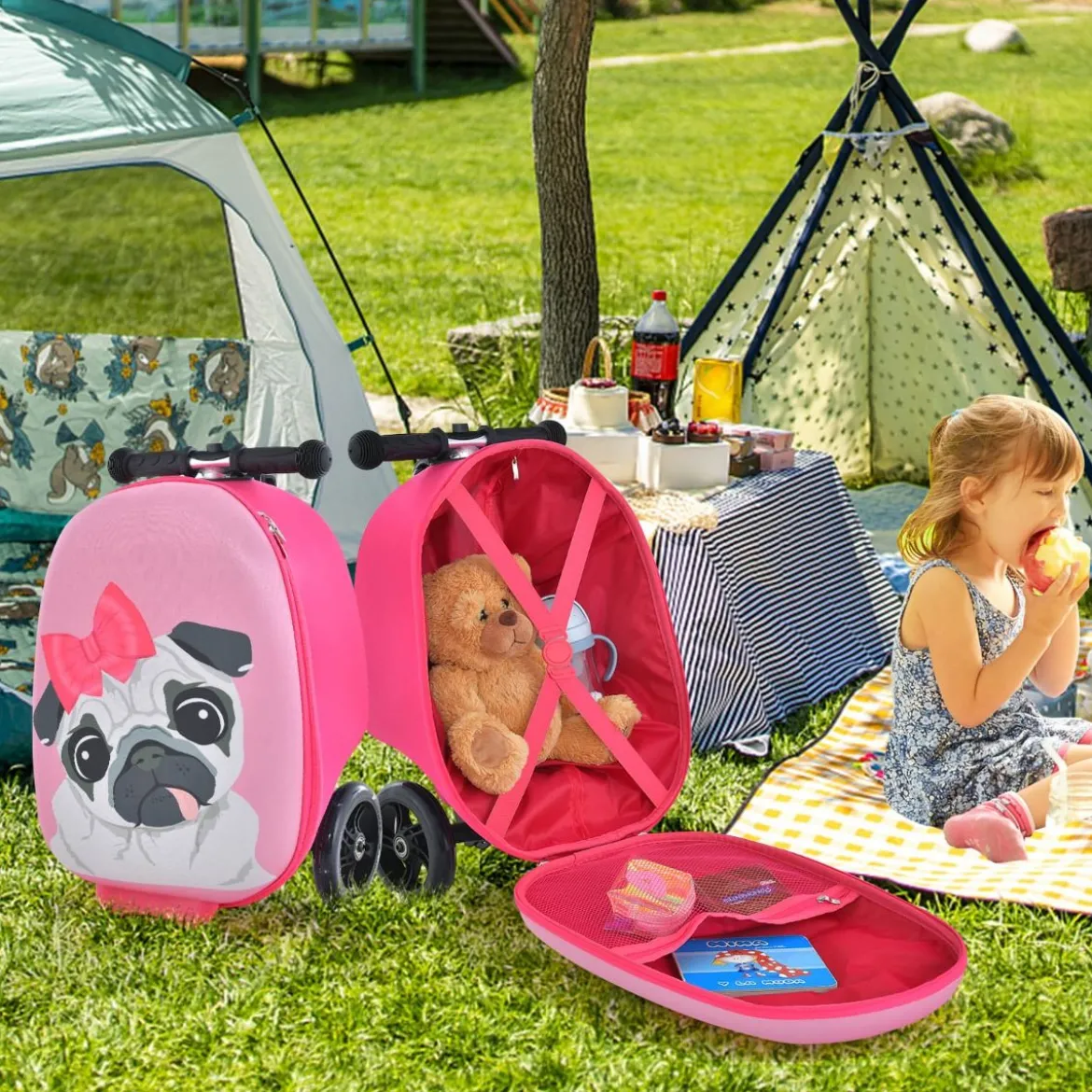2 in 1 Kinderkoffer und Scooter mit LED Räder 26L Kindertrolley mit Bremse Hund
