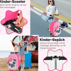2 in 1 Kinderkoffer und Scooter mit LED Räder 26L Kindertrolley mit Bremse Hund