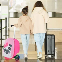 2 in 1 Kinderkoffer und Scooter mit LED Räder 26L Kindertrolley mit Bremse Hund