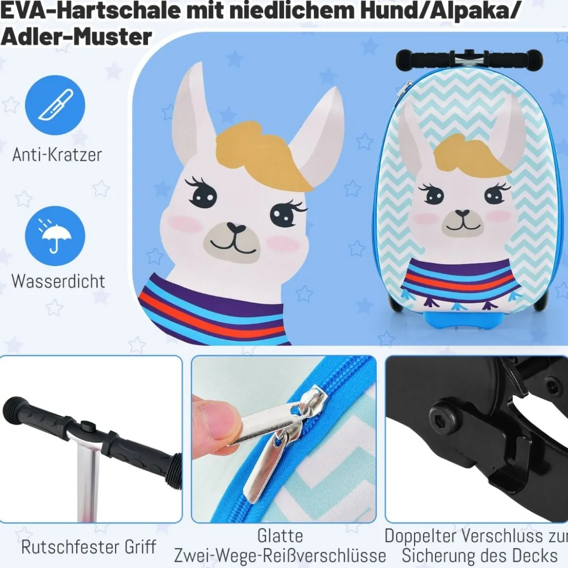 2 in 1 Kinderkoffer und Scooter mit LED Räder 26L Kindertrolley mit Bremse Esel