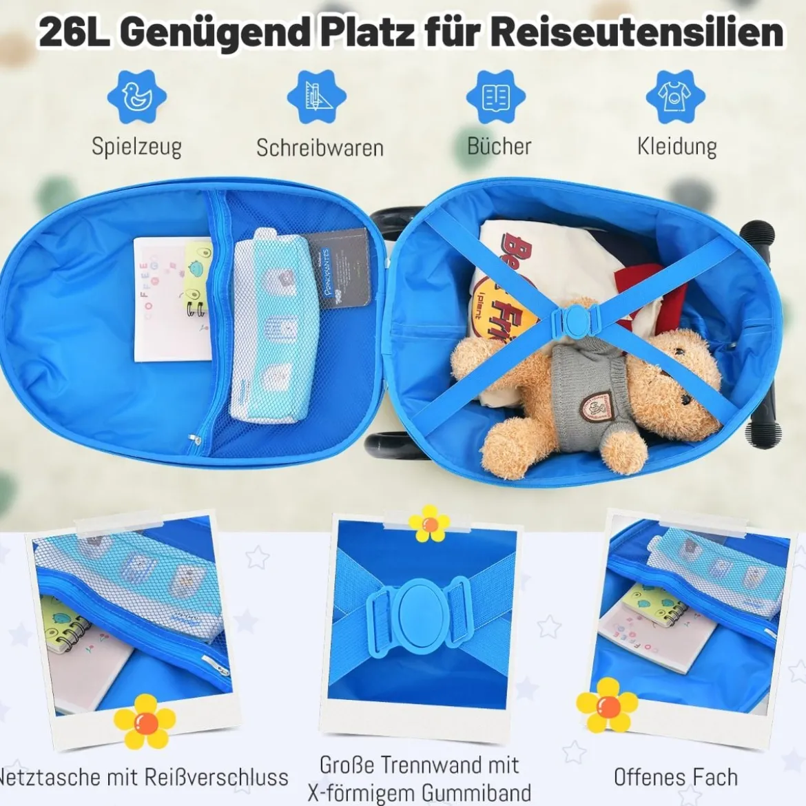 2 in 1 Kinderkoffer und Scooter mit LED Räder 26L Kindertrolley mit Bremse Esel