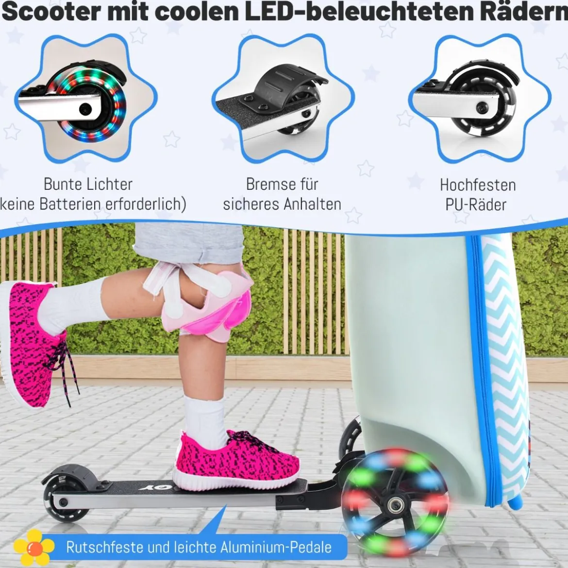 2 in 1 Kinderkoffer und Scooter mit LED Räder 26L Kindertrolley mit Bremse Esel