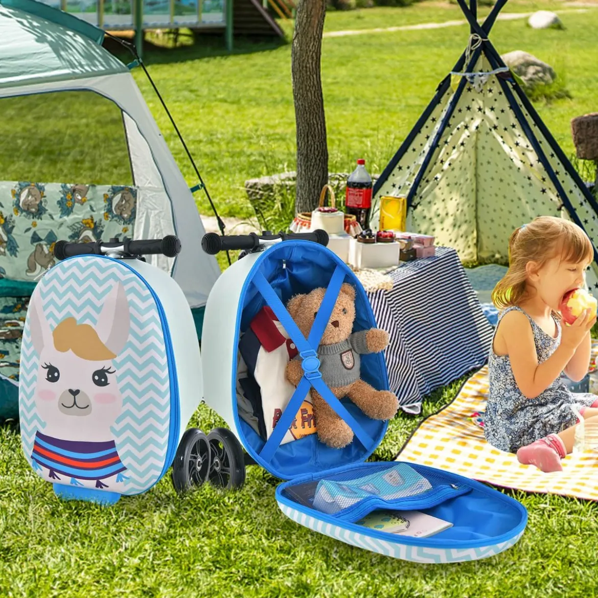 2 in 1 Kinderkoffer und Scooter mit LED Räder 26L Kindertrolley mit Bremse Esel