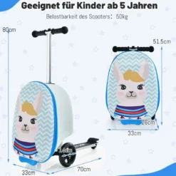 2 in 1 Kinderkoffer und Scooter mit LED Räder 26L Kindertrolley mit Bremse Esel