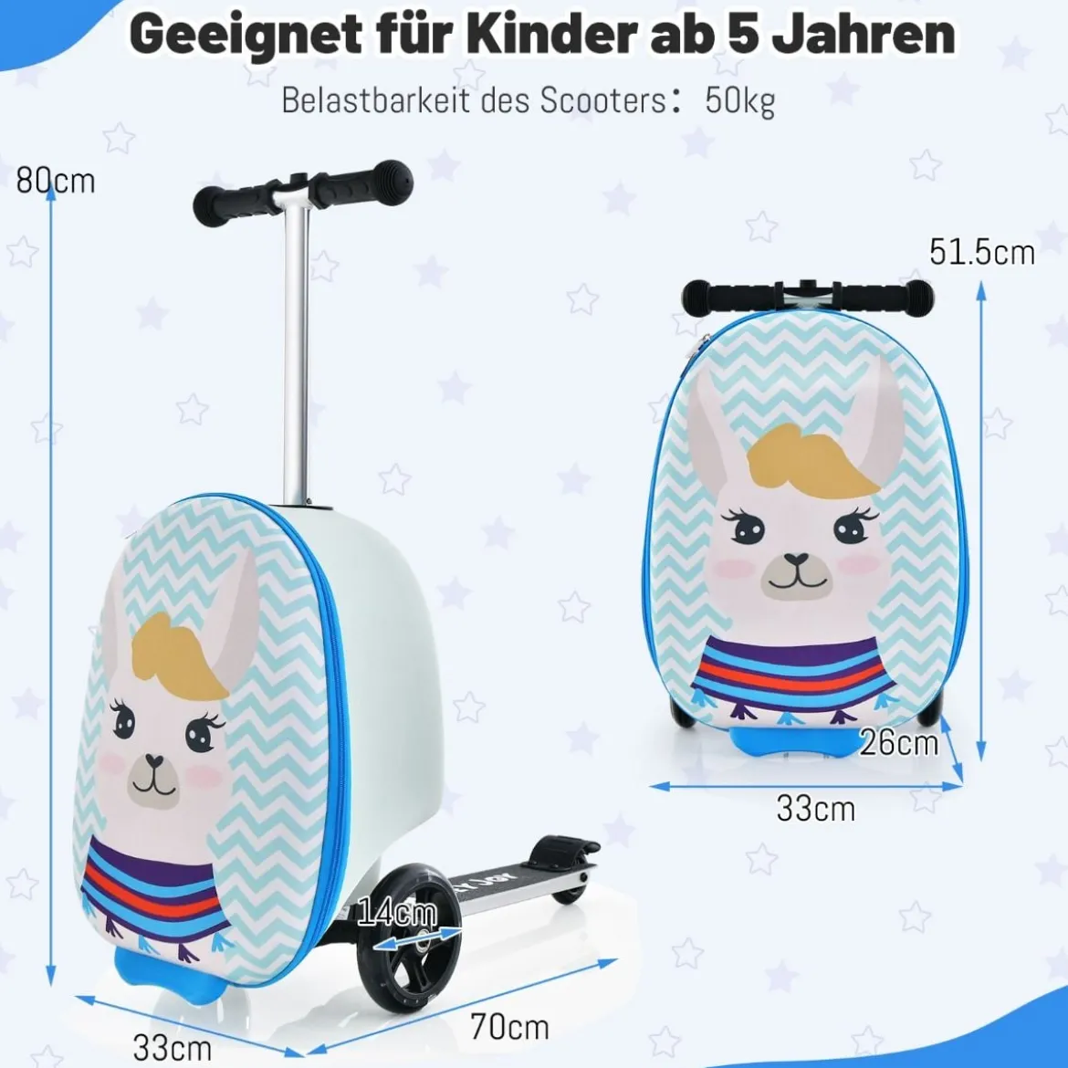 2 in 1 Kinderkoffer und Scooter mit LED Räder 26L Kindertrolley mit Bremse Esel