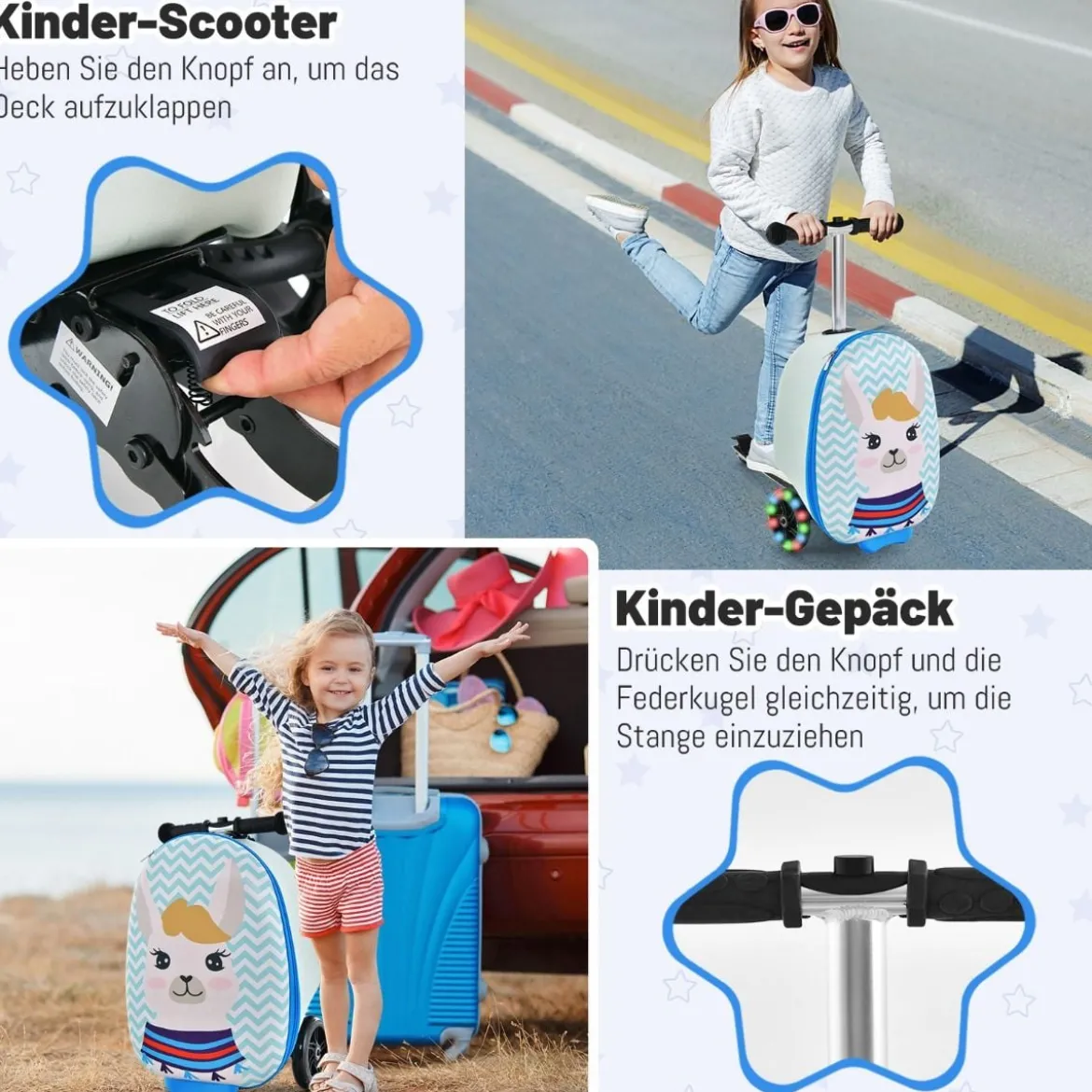 2 in 1 Kinderkoffer und Scooter mit LED Räder 26L Kindertrolley mit Bremse Esel