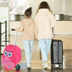 2 in 1 Kinderkoffer und Scooter mit LED Räder 26L Kindertrolley mit Bremse Eule
