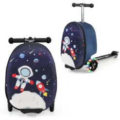 2 in 1 Kinderkoffer und Scooter mit LED Räder 26L Kindertrolley mit Bremse Astronaut
