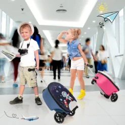 2 in 1 Kinderkoffer und Scooter mit LED Räder 26L Kindertrolley mit Bremse Astronaut