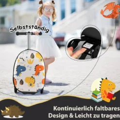 2 in 1 Kinderkoffer und Scooter mit LED Räder 26L Kindertrolley mit Bremse Dinosaurier