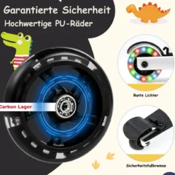 2 in 1 Kinderkoffer und Scooter mit LED Räder 26L Kindertrolley mit Bremse Dinosaurier