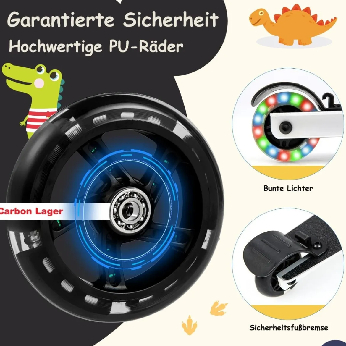 2 in 1 Kinderkoffer und Scooter mit LED Räder 26L Kindertrolley mit Bremse Dinosaurier
