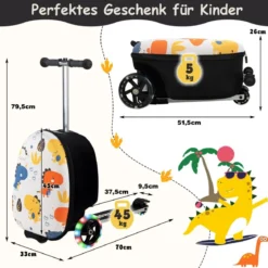 2 in 1 Kinderkoffer und Scooter mit LED Räder 26L Kindertrolley mit Bremse Dinosaurier