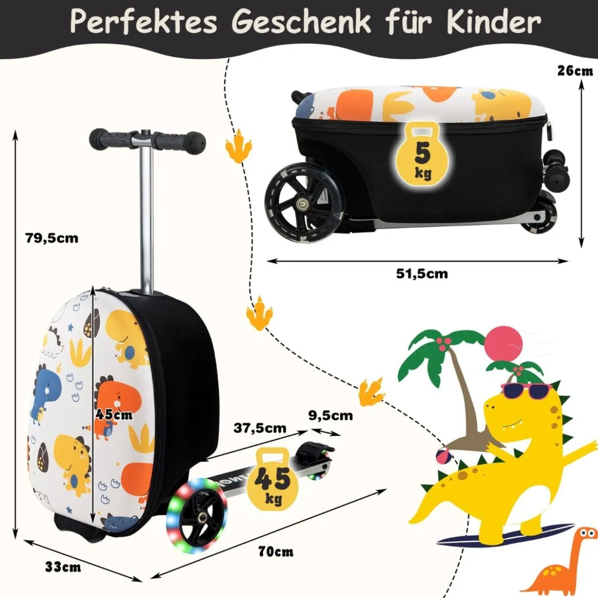 2 in 1 Kinderkoffer und Scooter mit LED Räder 26L Kindertrolley mit Bremse Dinosaurier