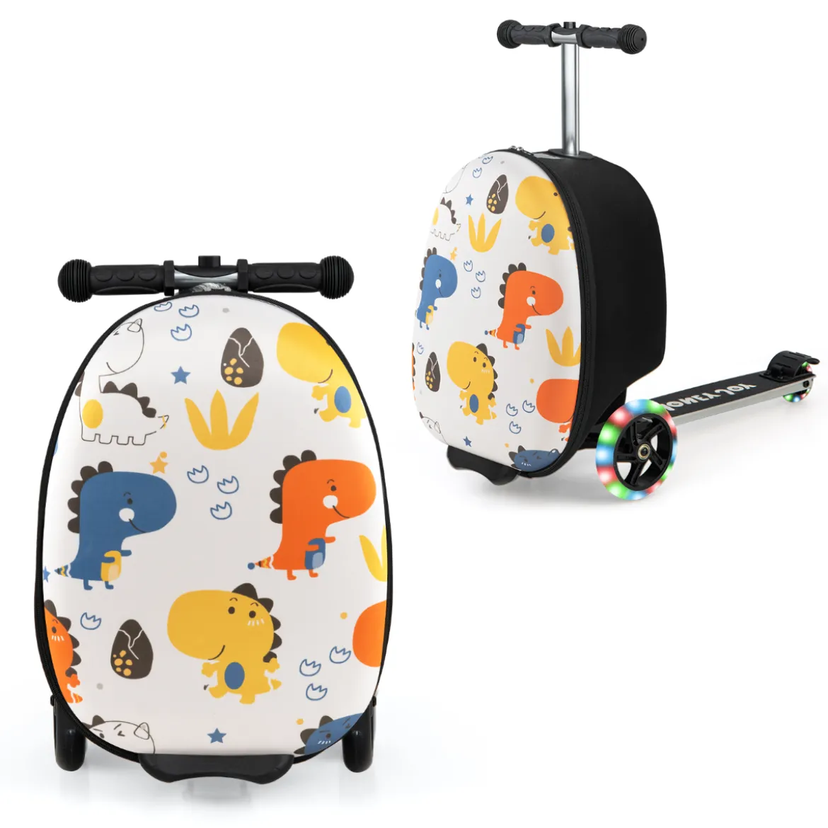 2 in 1 Kinderkoffer und Scooter mit LED Räder 26L Kindertrolley mit Bremse Dinosaurier