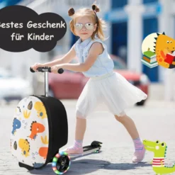 2 in 1 Kinderkoffer und Scooter mit LED Räder 26L Kindertrolley mit Bremse Dinosaurier