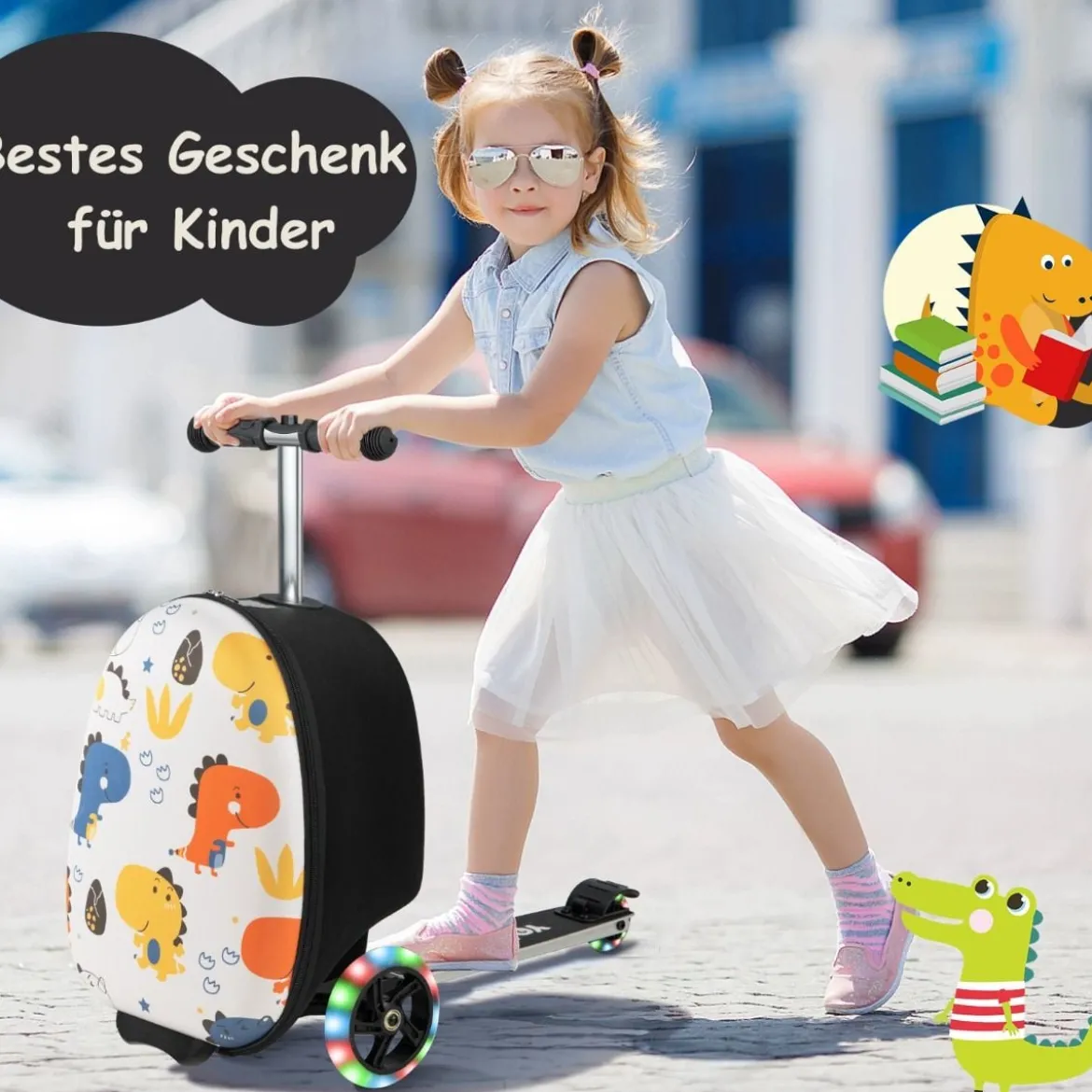 2 in 1 Kinderkoffer und Scooter mit LED Räder 26L Kindertrolley mit Bremse Dinosaurier