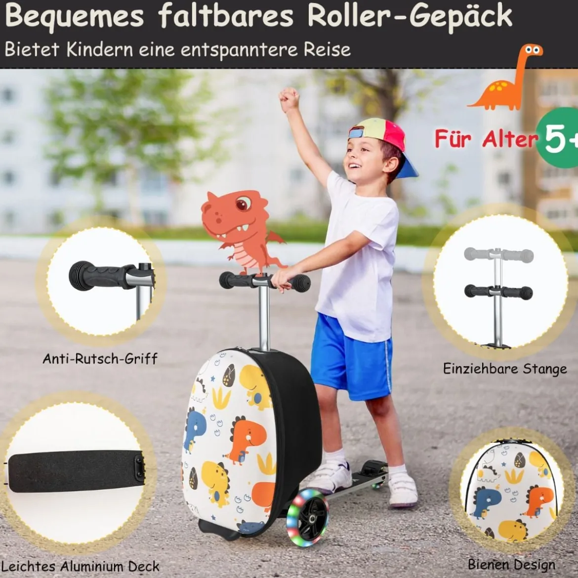 2 in 1 Kinderkoffer und Scooter mit LED Räder 26L Kindertrolley mit Bremse Dinosaurier