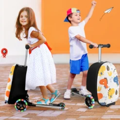 2 in 1 Kinderkoffer und Scooter mit LED Räder 26L Kindertrolley mit Bremse Dinosaurier