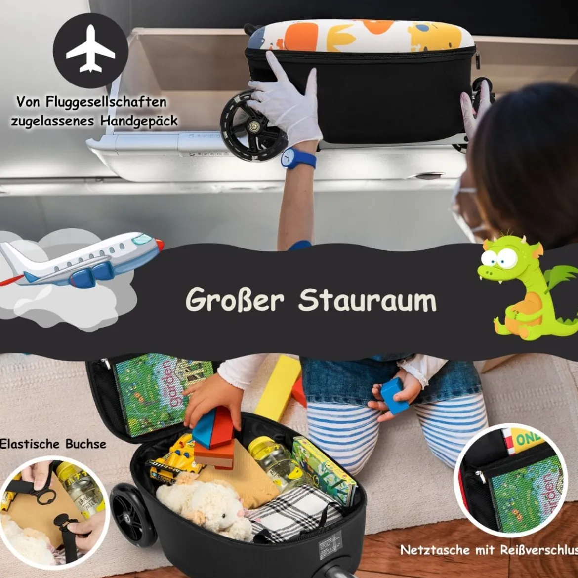 2 in 1 Kinderkoffer und Scooter mit LED Räder 26L Kindertrolley mit Bremse Dinosaurier