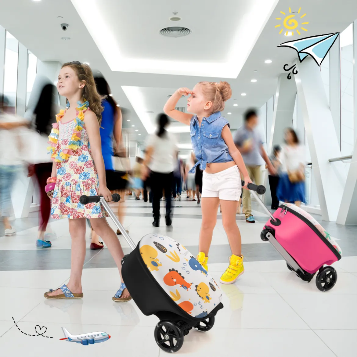 2 in 1 Kinderkoffer und Scooter mit LED Räder 26L Kindertrolley mit Bremse Dinosaurier