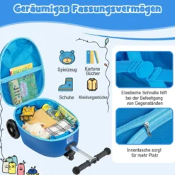 2 in 1 Kinderkoffer und Scooter mit LED Räder 26L Kindertrolley mit Bremse Hai