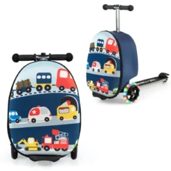 2 in 1 Kinderkoffer und Scooter mit LED Räder 26L Kindertrolley mit Bremse Fahrzeug