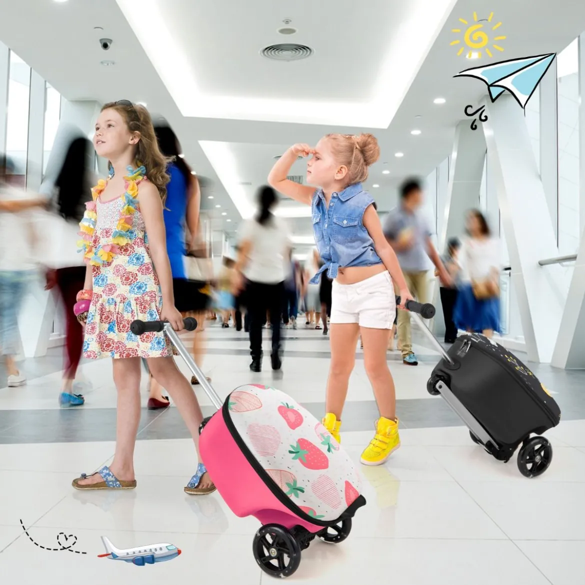 2 in 1 Kinderkoffer und Scooter mit LED Räder 26L Kindertrolley mit Bremse Erdbeere