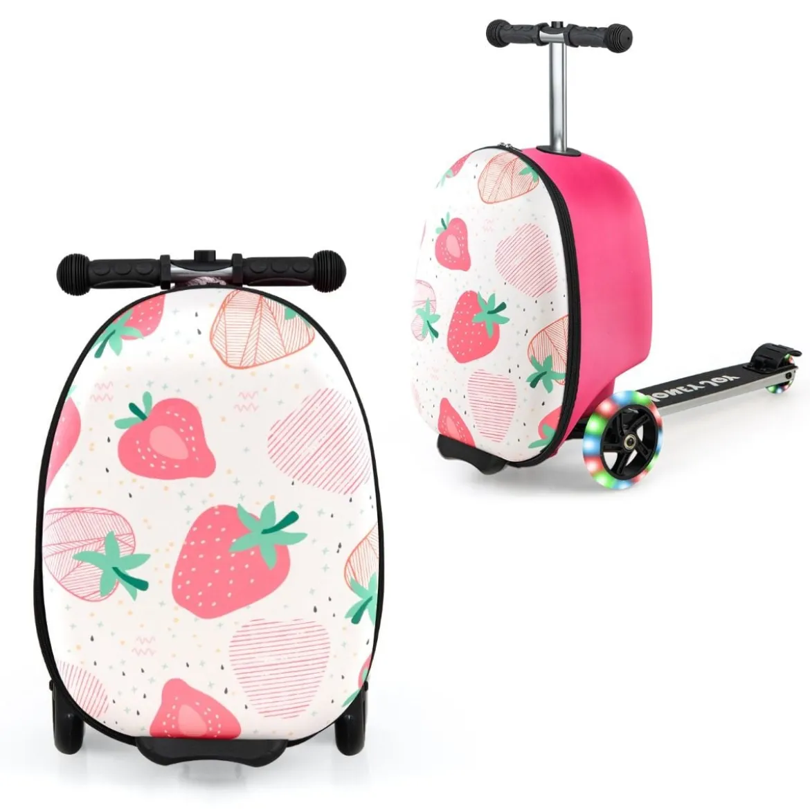 2 in 1 Kinderkoffer und Scooter mit LED Räder 26L Kindertrolley mit Bremse Erdbeere