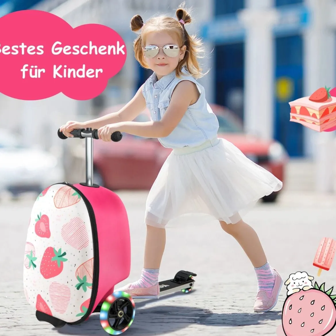2 in 1 Kinderkoffer und Scooter mit LED Räder 26L Kindertrolley mit Bremse Erdbeere