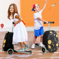 2 in 1 Kinderkoffer und Scooter mit LED Räder 26L Kindertrolley mit Bremse Biene & Blume