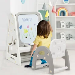 2 in 1 Kinder-Kunststaffelei doppelseitige magnetische Tafel Kinder Staffelei & Kindersitzgruppe Grau
