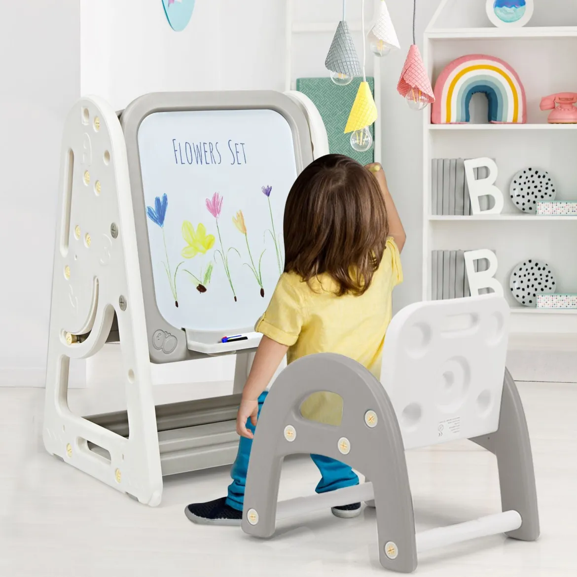 2 in 1 Kinder-Kunststaffelei doppelseitige magnetische Tafel Kinder Staffelei & Kindersitzgruppe Grau