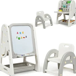 2 in 1 Kinder-Kunststaffelei doppelseitige magnetische Tafel Kinder Staffelei & Kindersitzgruppe Grau