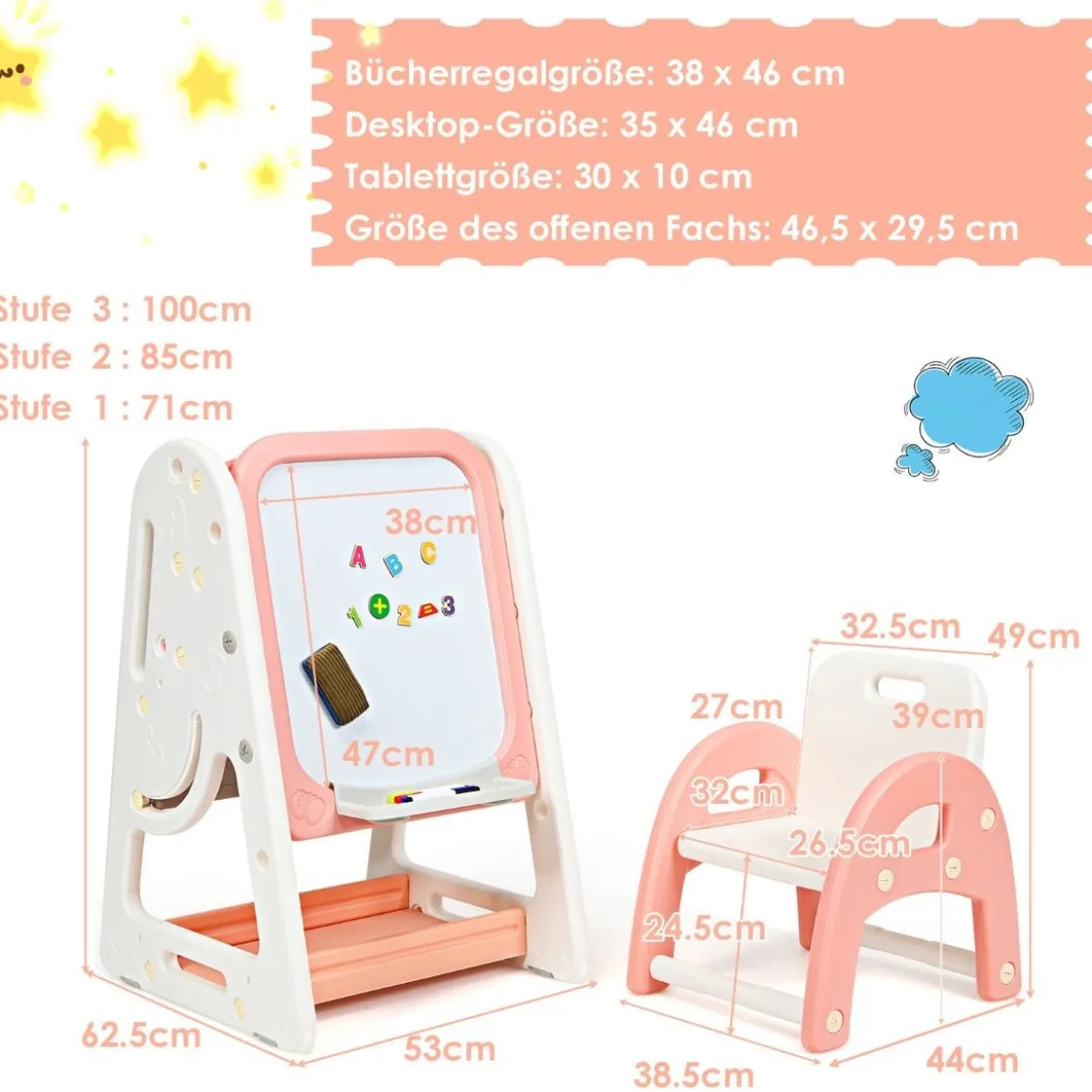 2 in 1 Kinder-Kunststaffelei Doppelseitige Magnetische Tafel und Kinderbuchständer Orange